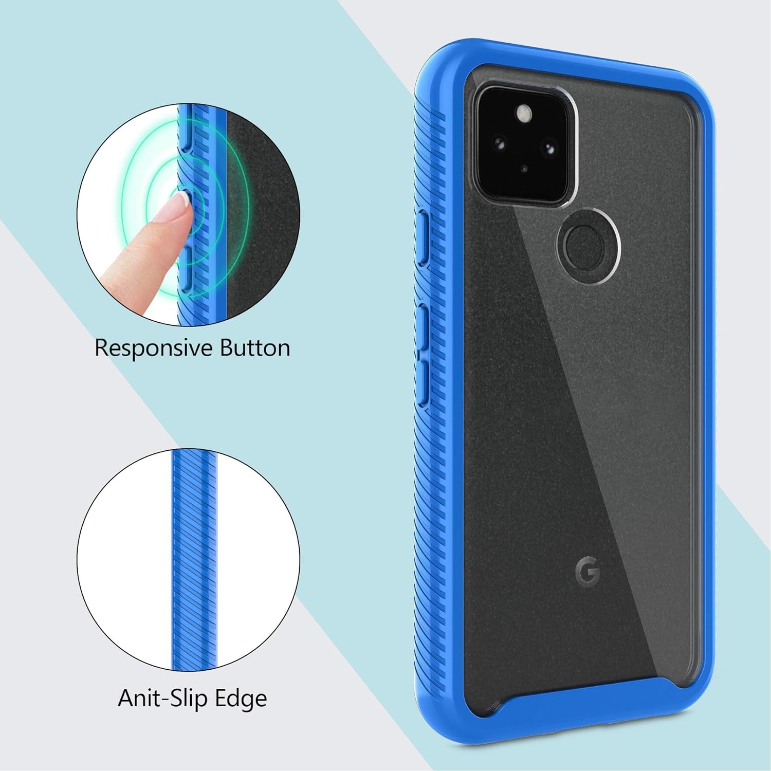 Google Pixel 5 Case,Pixel 5 Phone Case with HD Screen Protector,Gritup [Military Grade] Clear Crystal Shockproof Slim Fit Protective Case for Google Pixel 5 Blue  Gritup   
