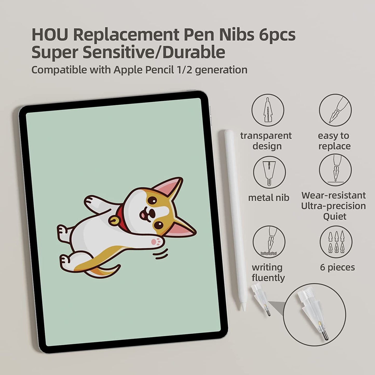 HOU [6 Pack] Apple Pencil Tips,Replacement Tips for Apple Pencil 2Nd Generation,Apple Pencil 1St Generation Spare Nib for Ipad Pen/Stylus Pen,Apple Pencil 2/1,Plastic &Metal Apple Tips  HOU   