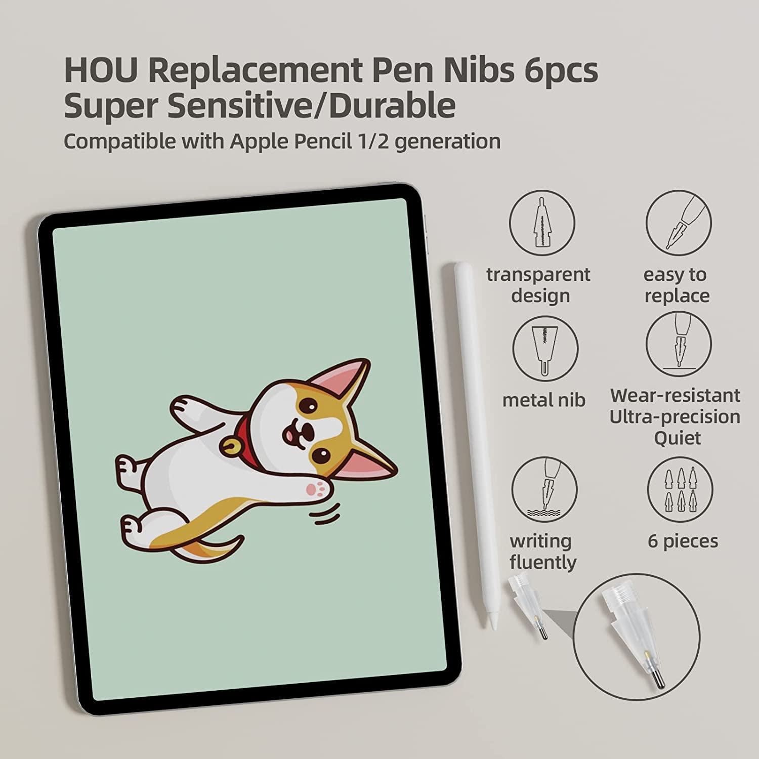 HOU [6 Pack] Apple Pencil Tips,Replacement Tips for Apple Pencil 2Nd Generation,Apple Pencil 1St Generation Spare Nib for Ipad Pen/Stylus Pen,Apple Pencil 2/1,Plastic &Metal Apple Tips  HOU   