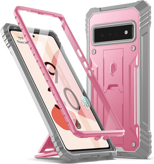 Poetic Revolution Case for Google Pixel 6 Pro 5G, Built-In Screen Protector Work with Fingerprint ID, Full Body Rugged Shockproof Protective Cover Case with Kickstand, Light Pink  Poetic   