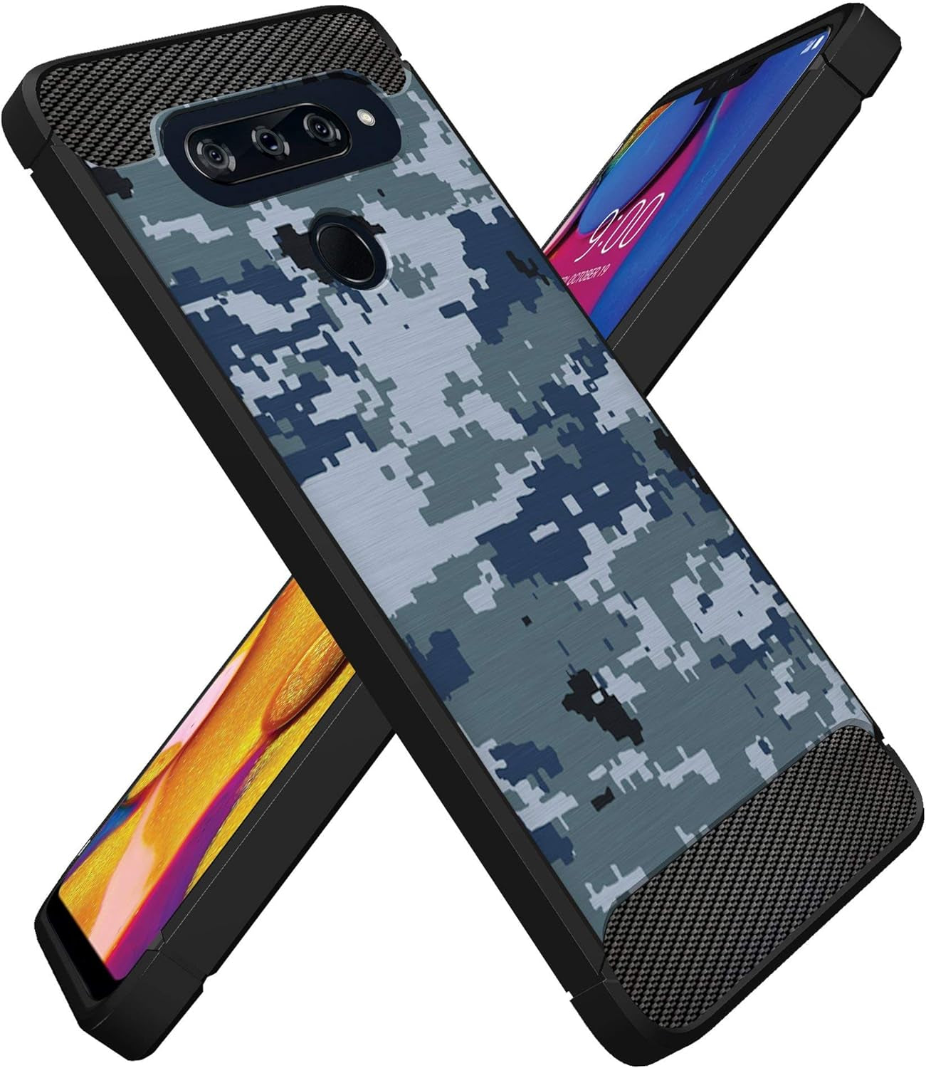 Casesondeck Fitted Case Compatible with [LG V40 Thinq] Carbon Fiber Accents Bump and Drop Protecting Flexible TPU (Blue Digital Camo)  CasesonDeck   