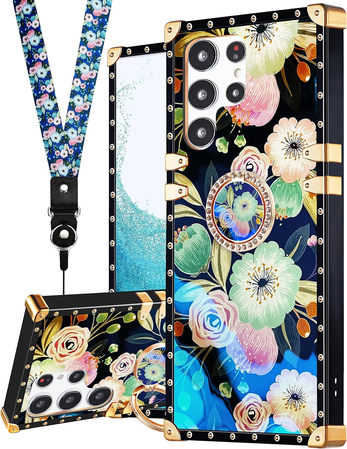 Loheckle for Samsung Galaxy S22 Ultra Case for Women Girls with Ring Stand Holder and Lanyard, Marble Camo Retro Luxury Glamour Cute Square Edges Phone Cover for S22 Ultra  JianKeJi 8-Floral-S22-Ultra  