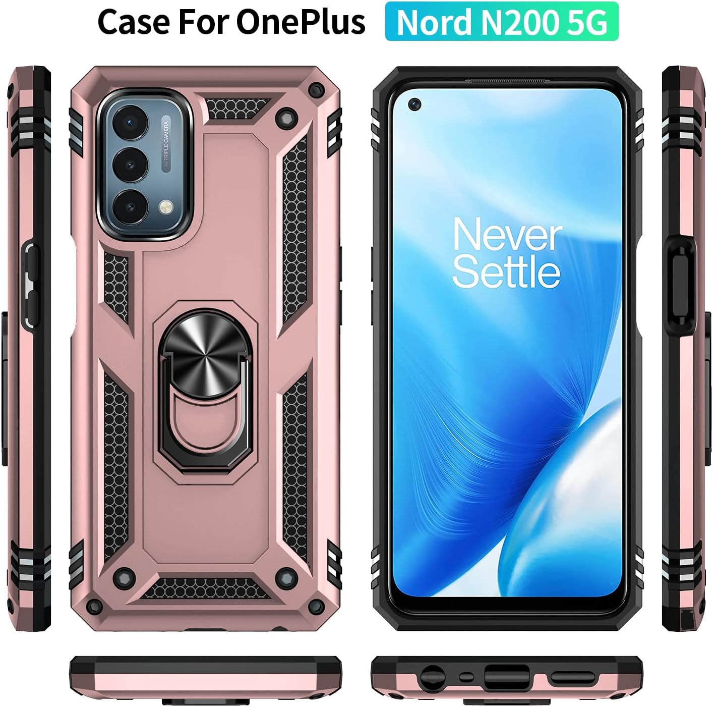 SKTGSLAMY for Oneplus Nord N200 5G Case,With Screen Protector,[Military Grade] 16Ft. Drop Tested Cover with Magnetic Kickstand Car Mount Protective Case for Oneplus Nord N200 5G, Rose Gold  SKTGSLAMY   