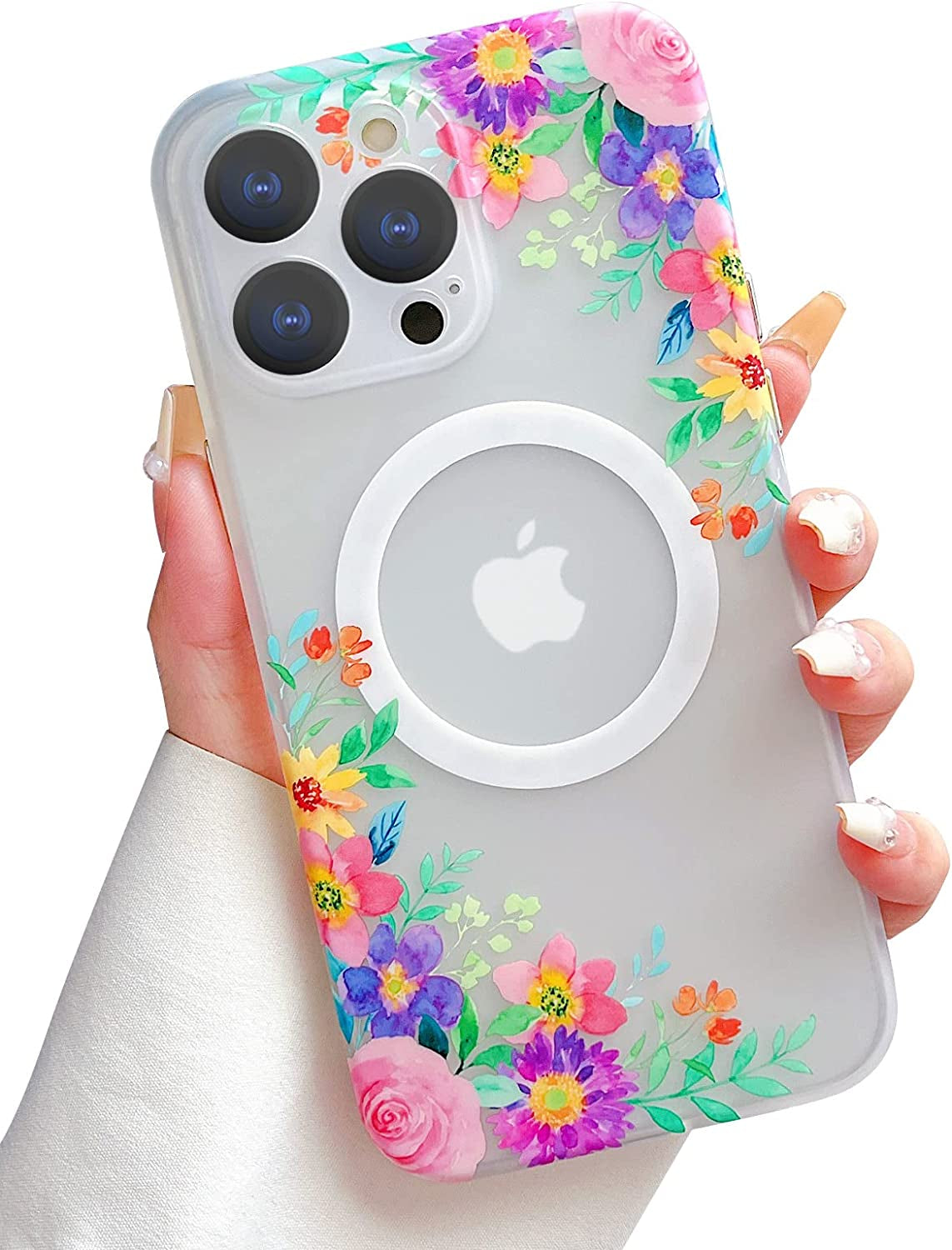 Yeddabox for Iphone 14 Pro Max Case Compatible with Magsafe, Floral Print Magnetic Translucent Matte Lens Camera Protection Flower Phone Case for Iphone 14 Pro Max for Women Girls - Pink  Yeddabox Purple  