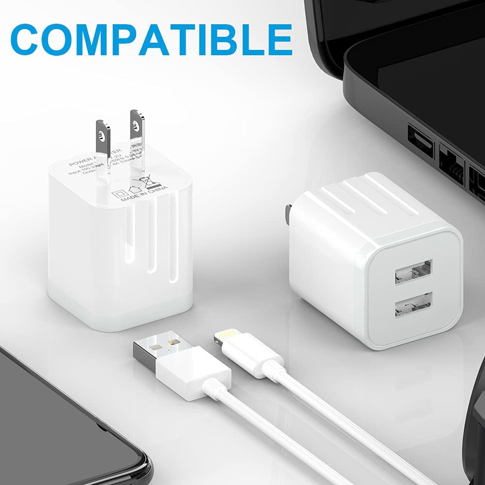 USB Wall Charger, [Apple Mfi Certified] Iphone Charger Lightning Cable 6FT(4PACK) Fast Charging Data Sync Cords Dual Port USB Plug Compatible with Iphone 12/Mini/Pro/Max/11/Pro/Xs/Xr/X/8/7/Plus  Qntry   