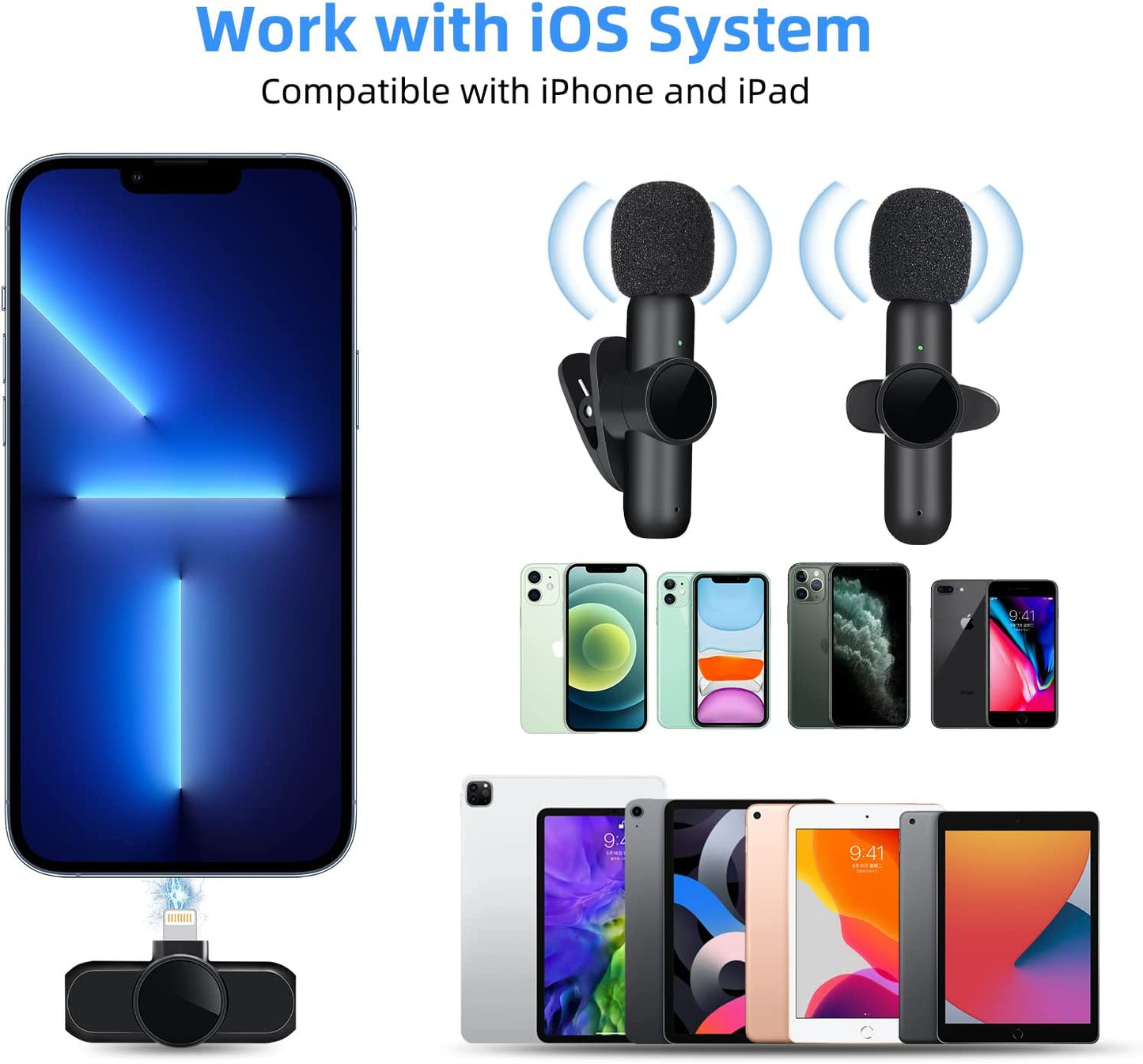 BAKAH Wireless Lavalier Microphone Fit for Iphone Ipad, Lapel Microphone Wireless, 2 Clip on Microphones for Phone Video Recording, Interview, Vlog, Youtube, Tiktok  BAKAH   