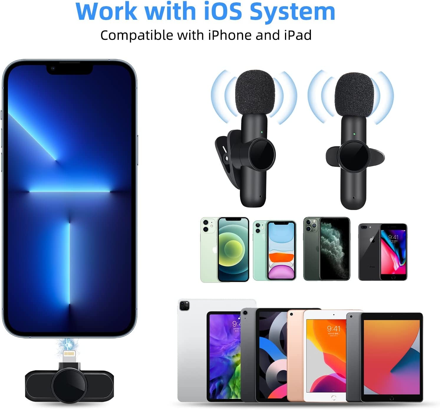 BAKAH Wireless Lavalier Microphone Fit for Iphone Ipad, Lapel Microphone Wireless, 2 Clip on Microphones for Phone Video Recording, Interview, Vlog, Youtube, Tiktok  BAKAH   