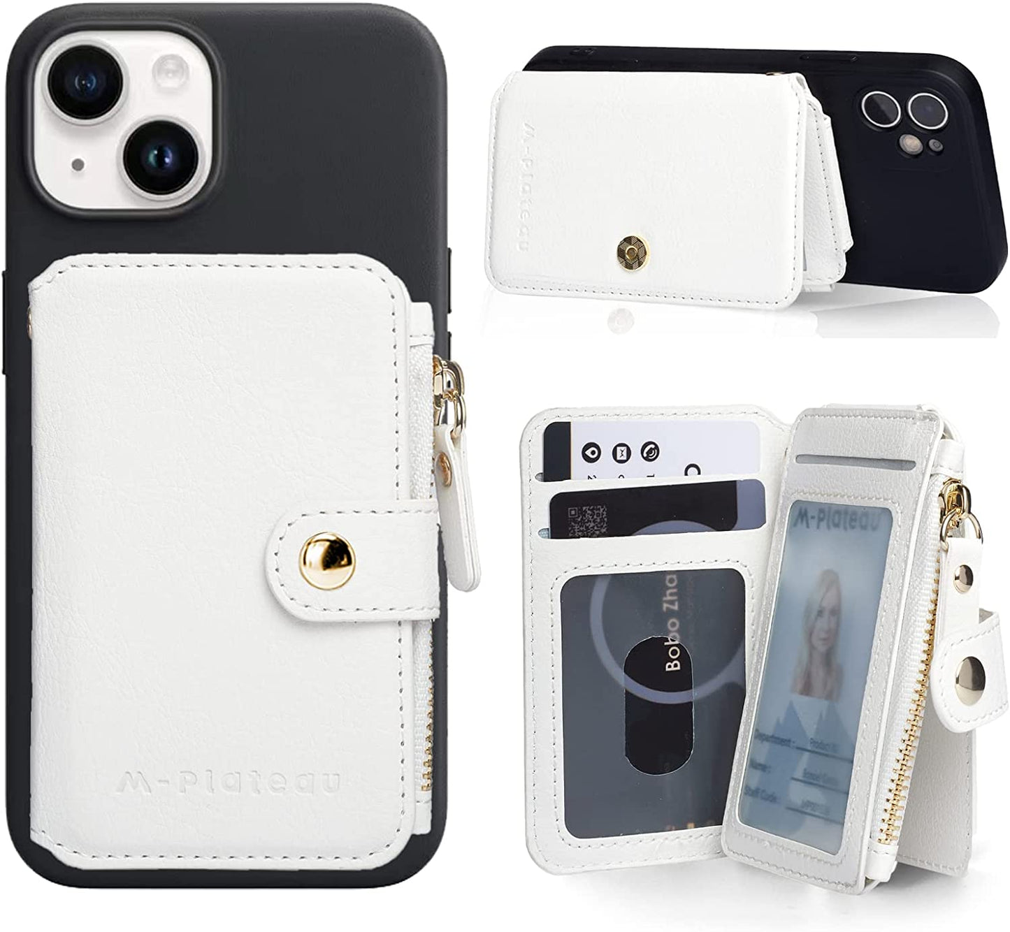 M-Plateau Phone Wallet Vegan Leather Magnetic Button Wallet for Men Have 6 Id Window Designed for Iphone 13 Pro Max,Google Pixel, Galaxy Attachment 3M Adhesive Sticker (Brown)  M-Plateau White  