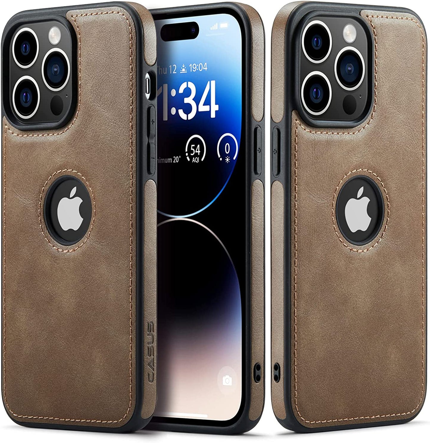 Casus Designed for Iphone 14 Pro Max Case Vegan Leather Slim Logo View Classic Luxury Elegant Thin Protective Cover (2022) 6.7" - Golden Brown  Casus Gray  