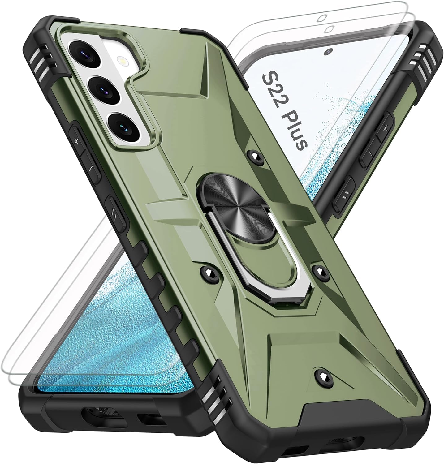 AKINIK for Samsung Galaxy S22 plus Case, S22 plus Case with Self Healing Flexible TPU Screen Protective [2 Pack],Military Grade Invisible Kickstand Case for Galaxy S22 plus (Black)  AKINIK Wj- Army Green  