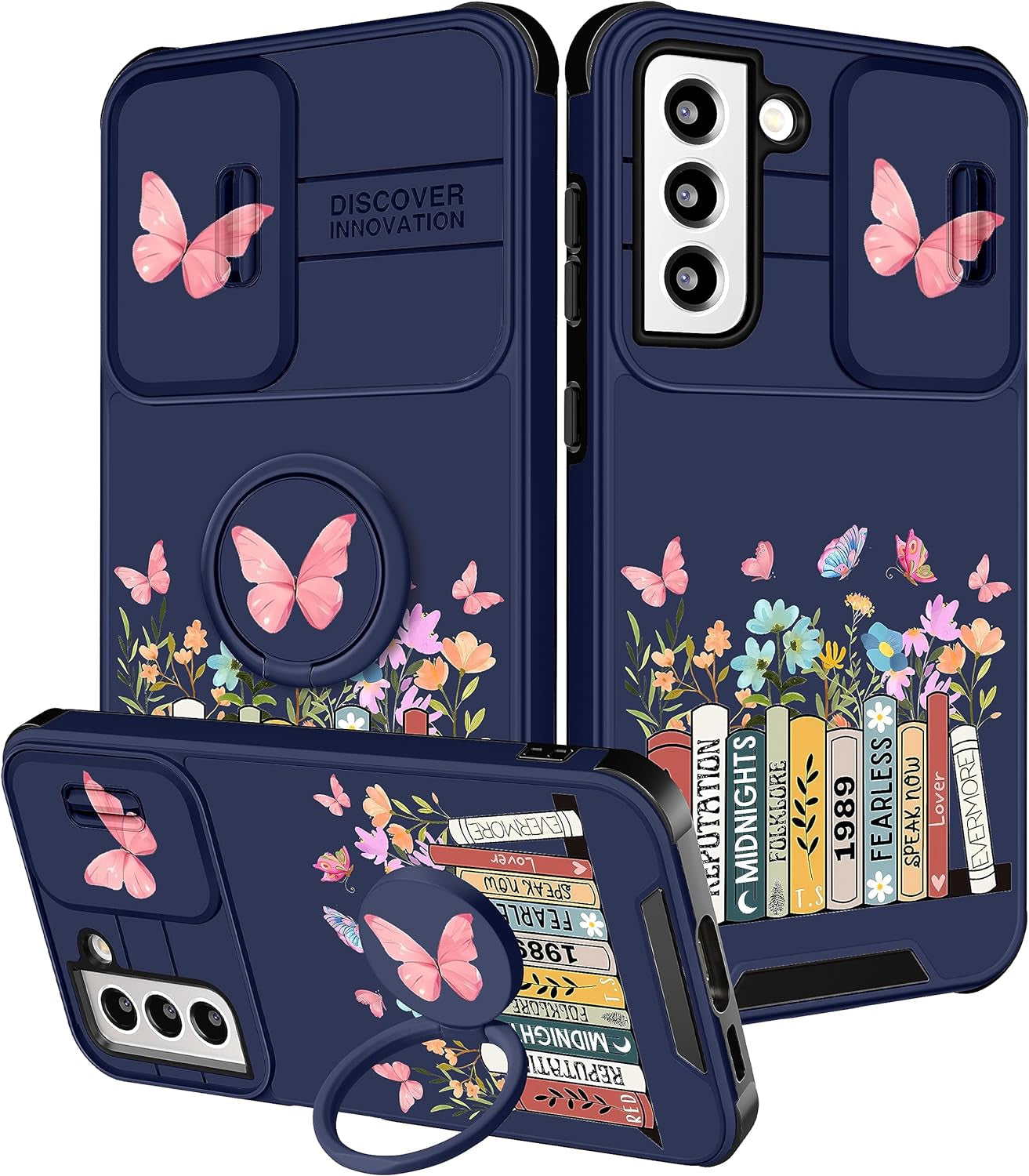 Funermei (2In1 for Samsung Galaxy S22 plus Case for Women Butterfly Cute Girls Cover Girly Pretty Kawaii Black Butterfly Design with Camera Cover and Ring Stand Funda for Galaxy S22 plus Phone Case  Funermei 4-For S22 Plus-Books  