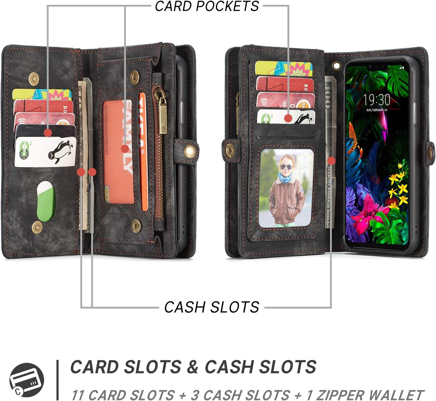 Simicoo LG G8 Thinq Leather Wallet Zipper Purse Detachable Card Slots Holder Flip Case Magnetic Wrist Strap Handle Shockproof Cover Pocket Wallet Handbag for LG G8 Thinq (Black, LG G8 Thinq)  Simicoo   