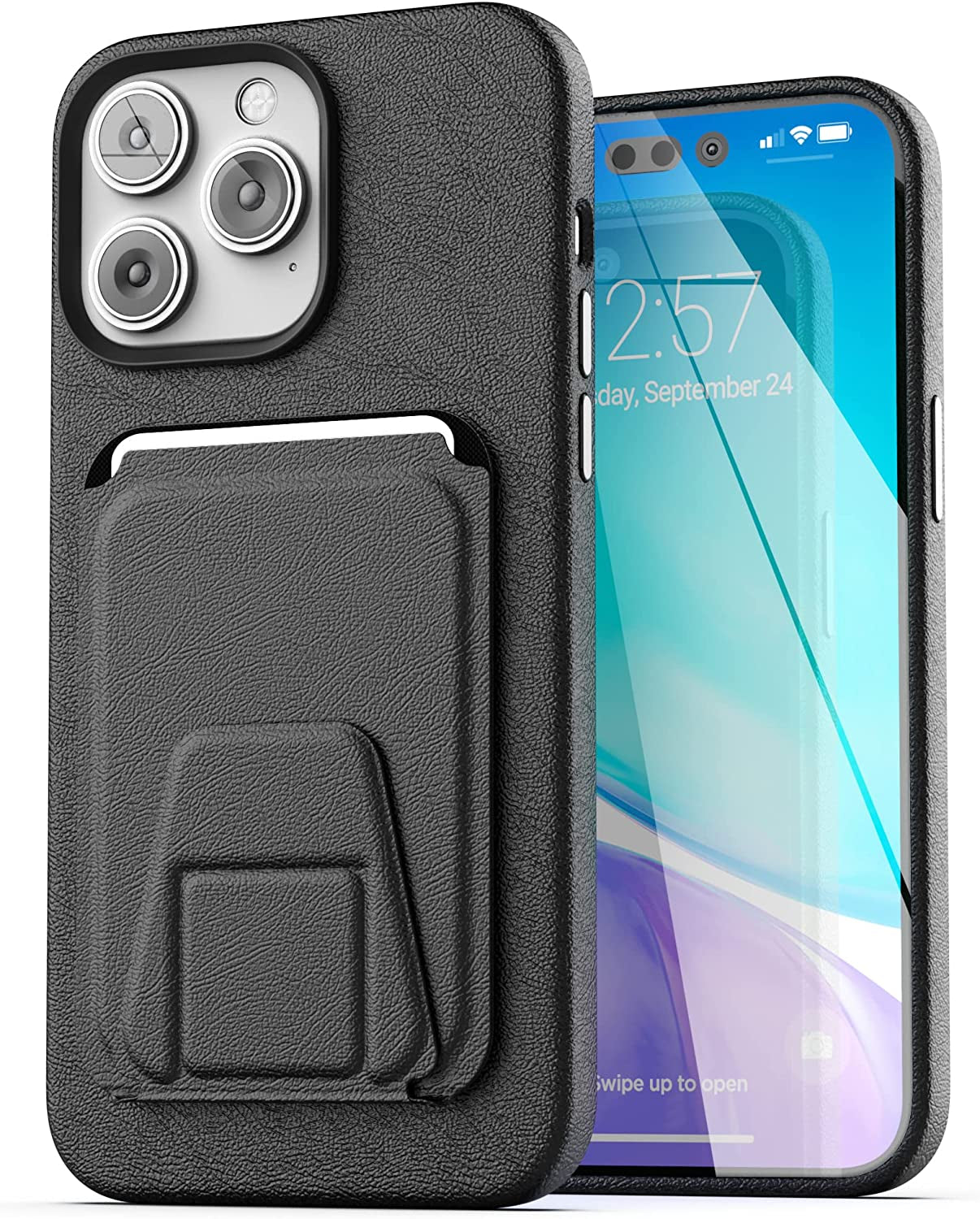 Encased MAG Case Wallet Set - Designed for Iphone 14 PRO Leather Case with Screen Protector and Card Holder W/Magnetic Kickstand (Compatible with Magsafe) Black  Encased   