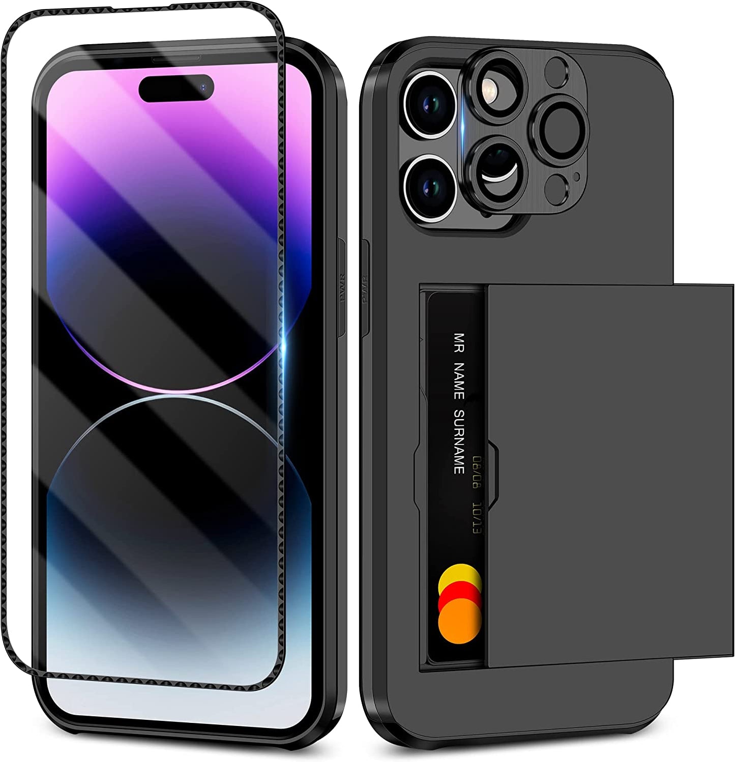 SAMONPOW for Iphone 14 Pro Case Wallet 4-In-1 Hybrid Iphone 14 Pro Protective Case with Card Holder & Screen Protector & Camera Cover Full Body Shockproof Bumper Cover Case for Iphone 14 Pro White  SAMONPOW Black  