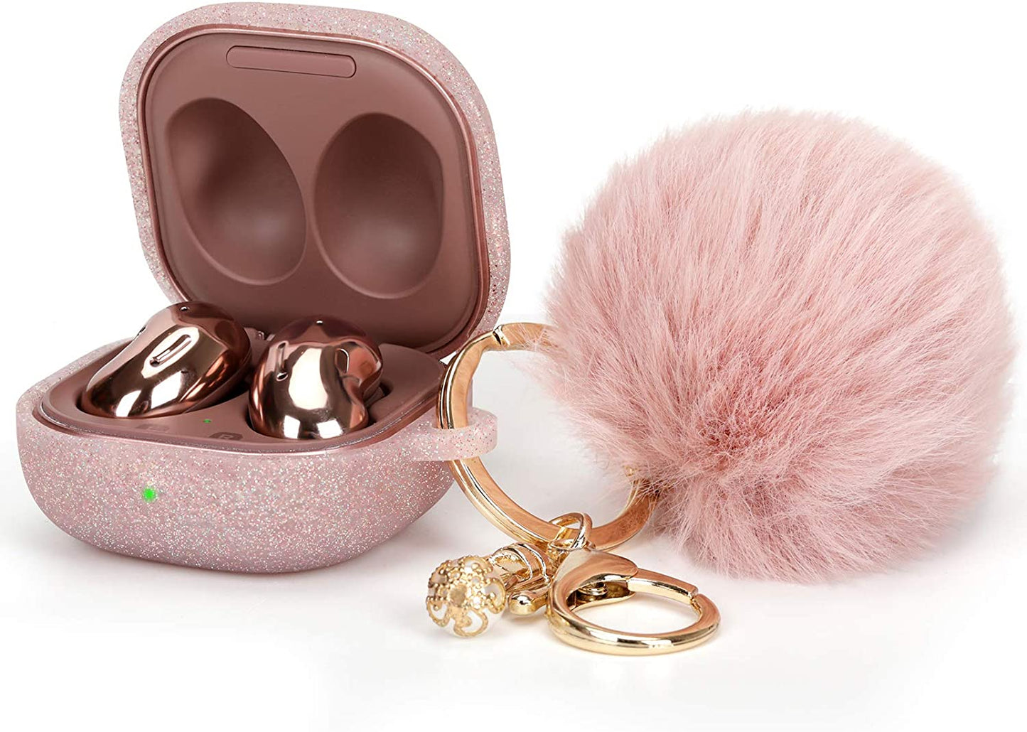 Filoto Case for Samsung Galaxy Buds 2 / Buds Live/Buds Pro/Buds 2 Pro, Cute Silicone Earbuds Protective Case Cover with Pompom Keychain Accessories for Women Girls (Cactus Green  Kerle Glitter Rose Gold  