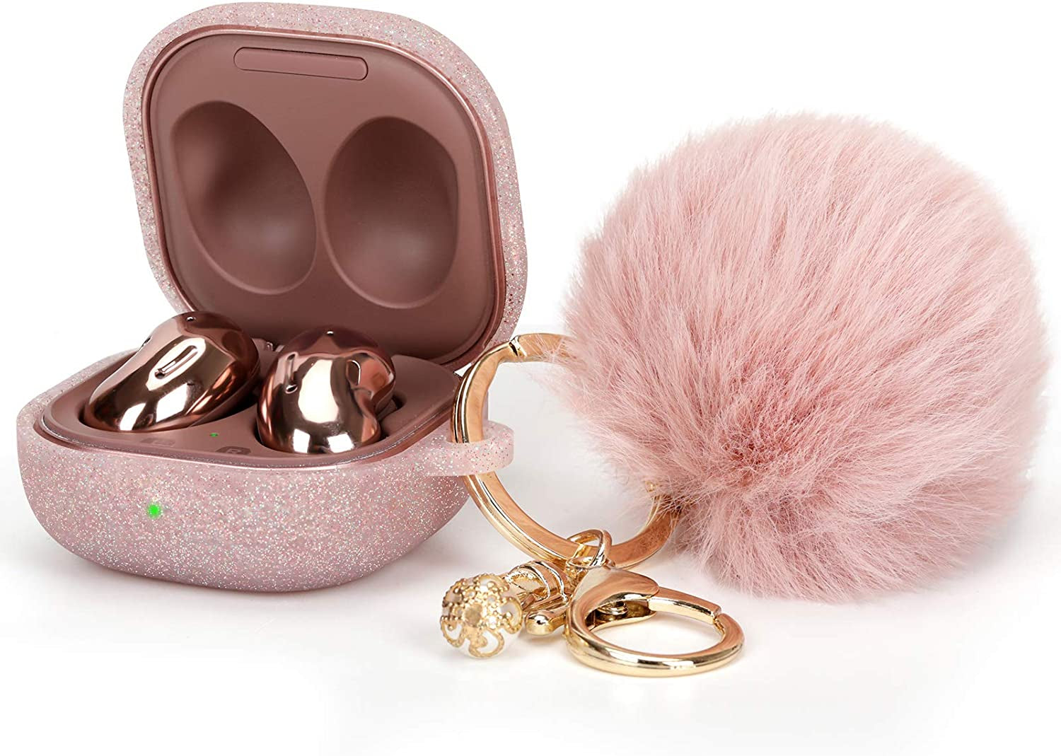 Filoto Case for Samsung Galaxy Buds 2 / Buds Live/Buds Pro/Buds 2 Pro, Cute Silicone Earbuds Protective Case Cover with Pompom Keychain Accessories for Women Girls (Cactus Green  Kerle Glitter Rose Gold  