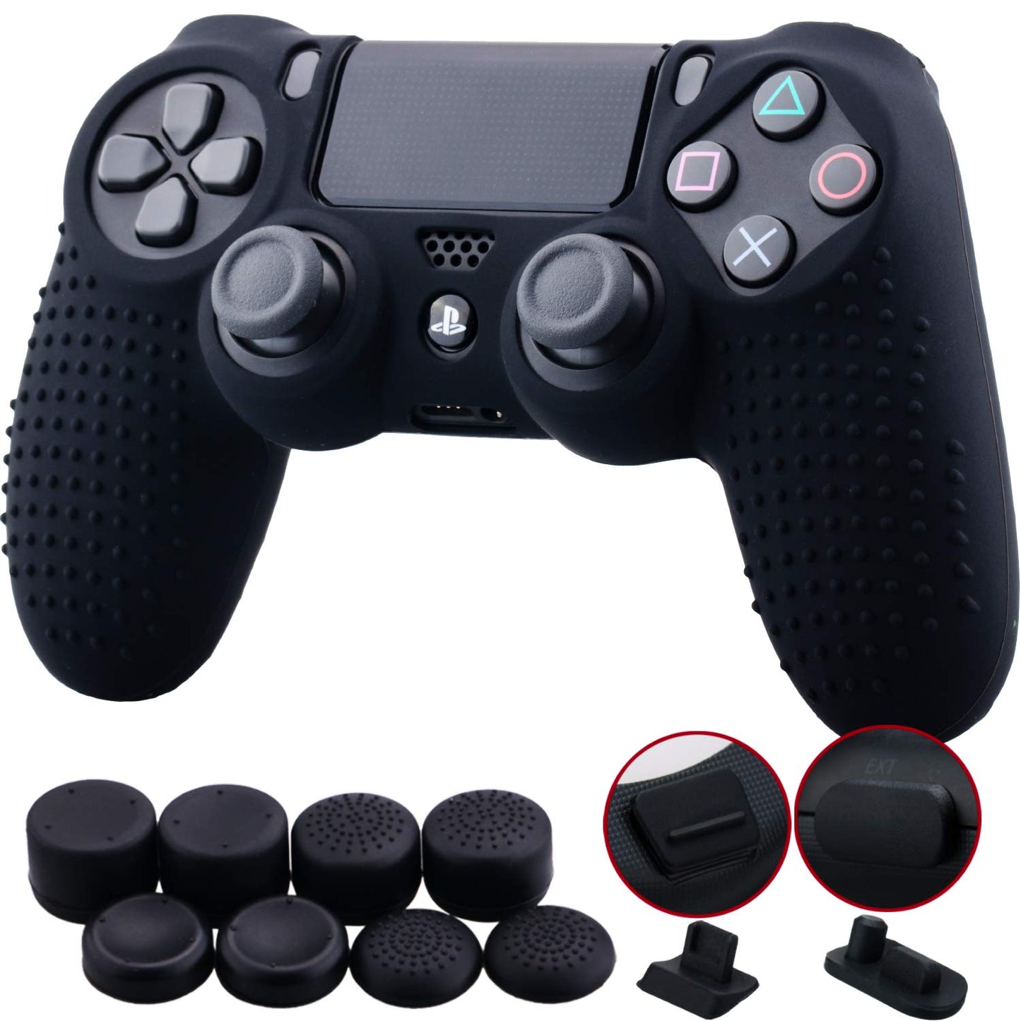 9Cdeer 1 Piece of Silicone Studded Water Transfer Protective Sleeve Case Cover Skin + 8 Thumb Grips Analog Caps + 2 Dust Proof Plugs for Ps4/Slim/Pro Dualshock 4 Controller, Skull Red  9CDeer Black studded 