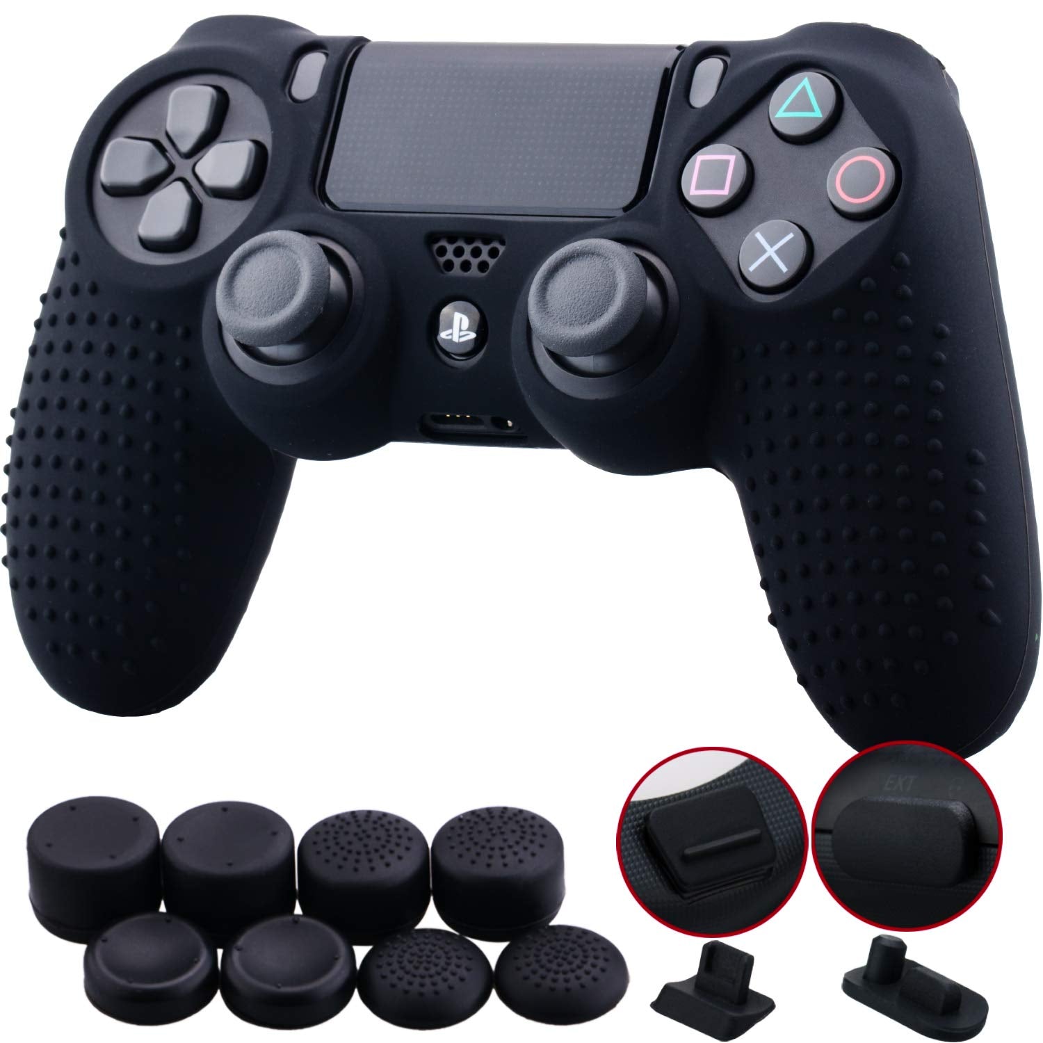 9Cdeer 1 Piece of Silicone Studded Water Transfer Protective Sleeve Case Cover Skin + 8 Thumb Grips Analog Caps + 2 Dust Proof Plugs for Ps4/Slim/Pro Dualshock 4 Controller, Skull Red  9CDeer Black studded 