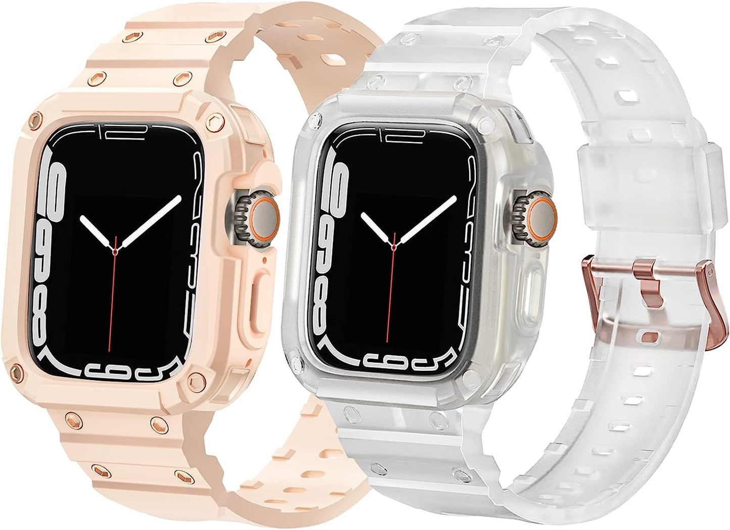 [2 Pack] SVISVIPA Band with Case Compatible for Apple Watch 45Mm 44Mm 42Mm Iwatch Series 8 7 SE 6 5 4 3 2 1 Strap, Men Women Sport Strap with Bumper Rugged Shockproof Military Protective, 2 Pack (Black，Army Green）  SVISVIPA Pink Sand/Frosted Clear 42mm/44mm/45mm 