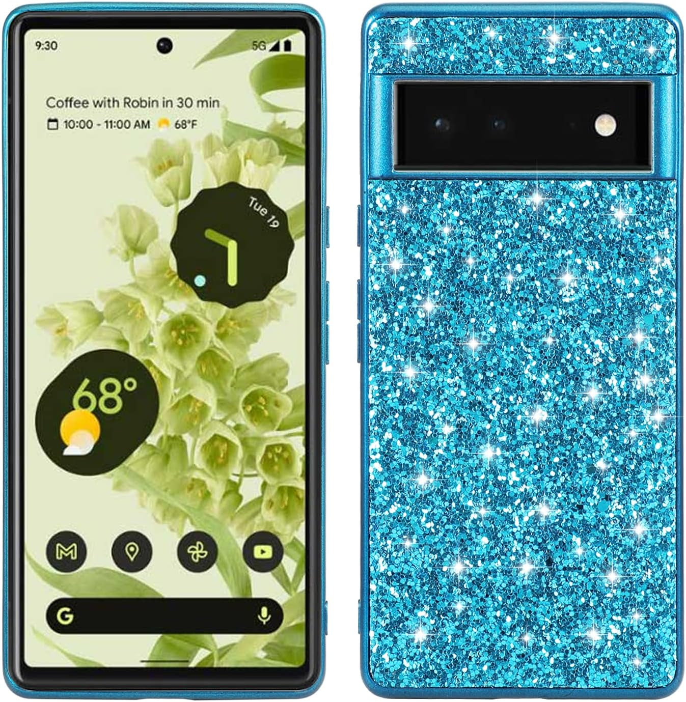 Joie & Joho Compatible with Google Pixel 6 Pro 5G 2021, Sparkling Back Cover Protective Case PC Hard Shockproof Protection Cover Case for Google Pixel 6 Pro, Black  Joie & Joho Blue  