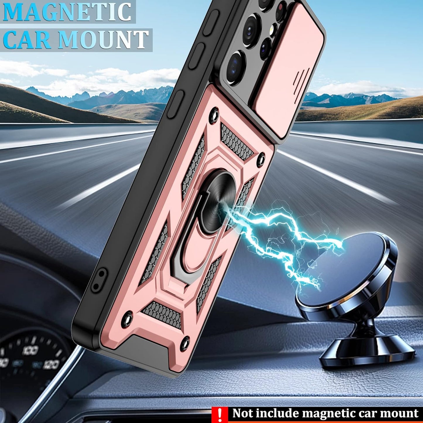 Compatible with Samsung Galaxy S21 Ultra Case,S21 Ultra Case with HD Screen Protector with Slide Camera Cover, 360°Rotation Ring Kickstand [Military Grade] Case for Galaxy S21 Ultra, Rose Gold  Gritup   