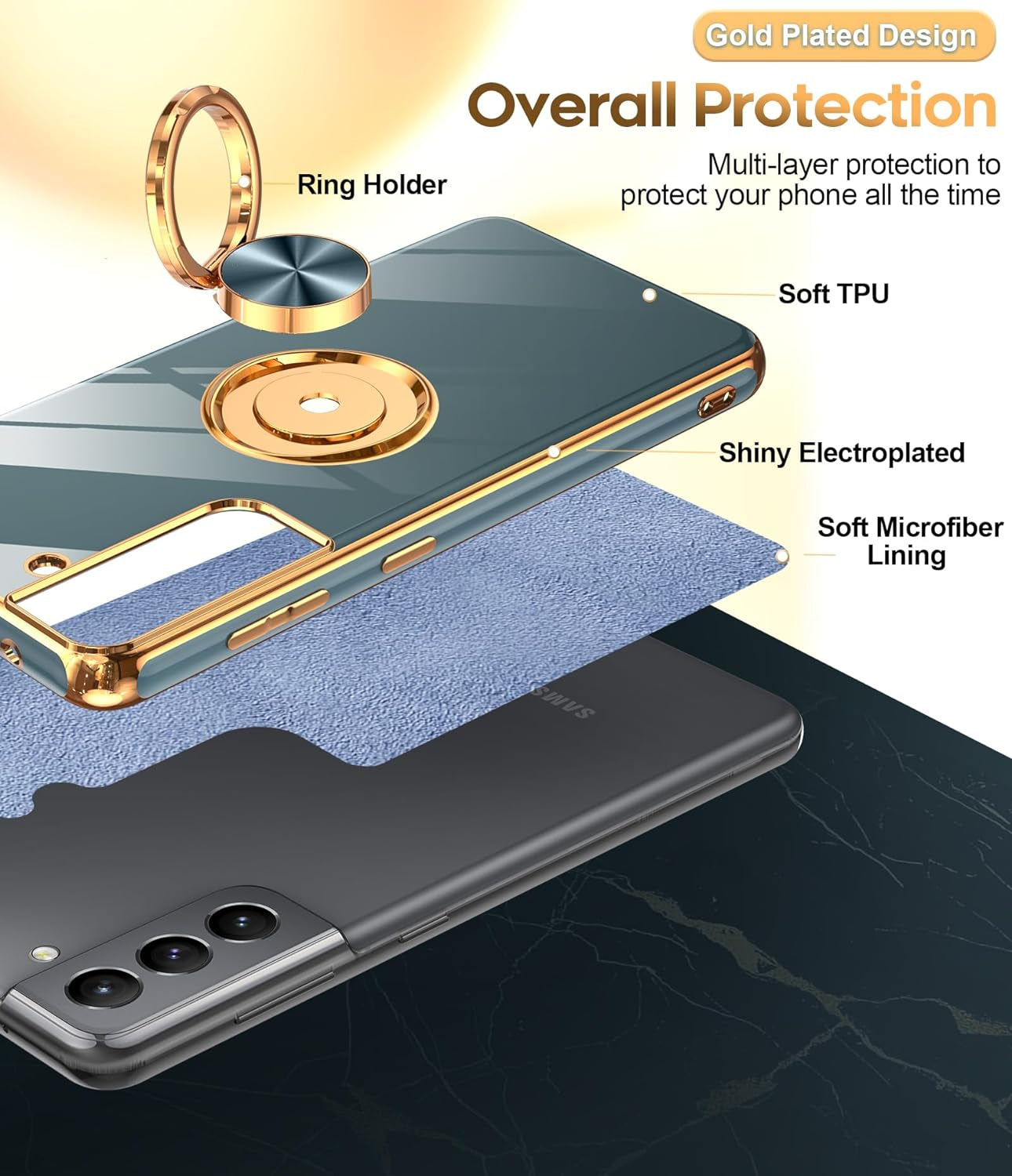 Leyi for Samsung Galaxy S21 plus Case 360° Rotatable Ring Holder Magnetic Kickstand, Plating Rose Gold Edge Protective Case, Grey  LeYi   