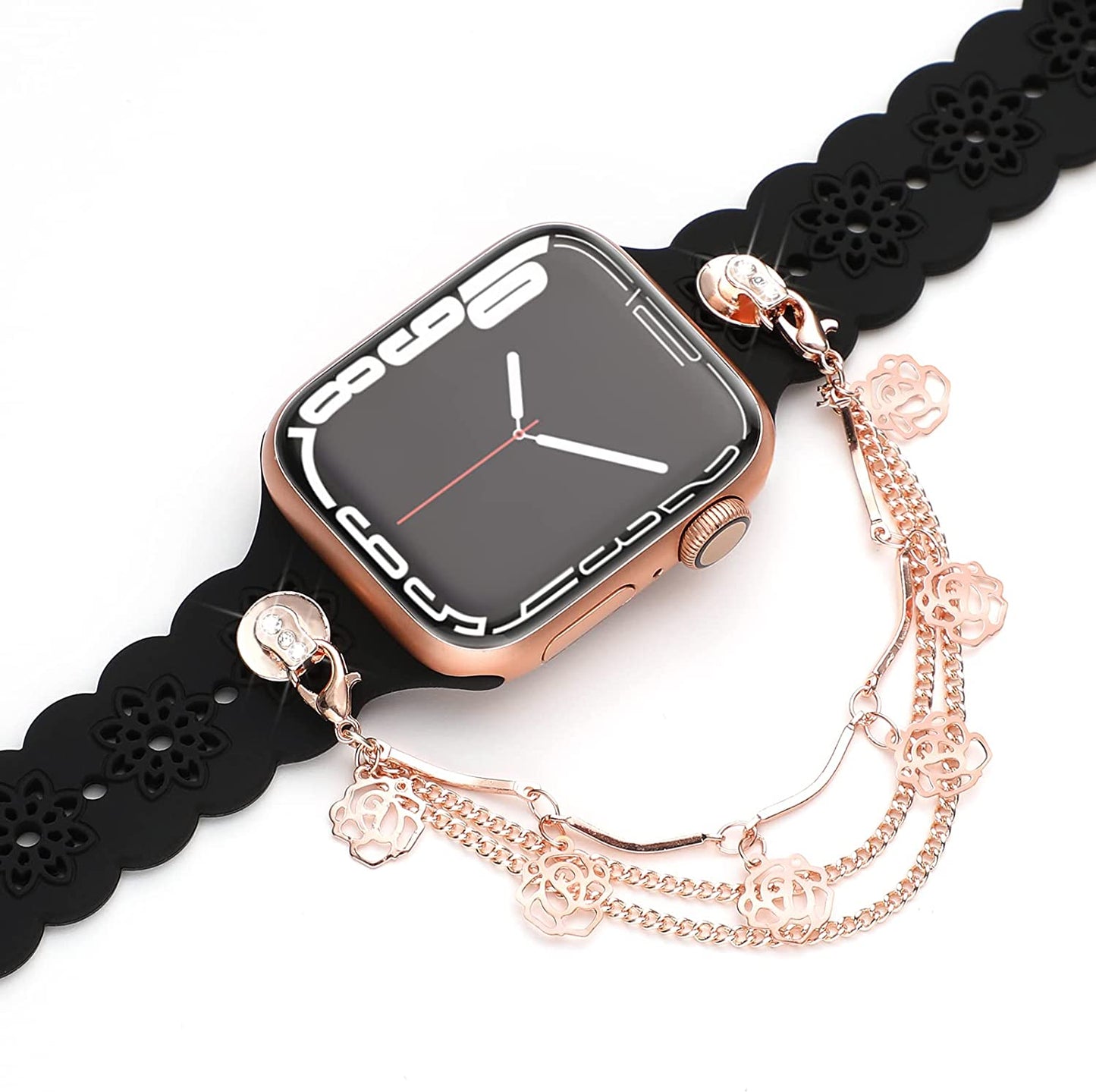 Floral Silicone Band Compatible with Apple Watch Bands 38Mm 40Mm 42Mm 44Mm 41Mm 45Mm 49Mm Women Men, Slim Hollow-Out Design Wristbands Soft Sport Breathable Watch Bands for Iwatch Ultra SE Series 8/7/6/5/4/3/2/1  Wewatri Black with Chain Flower 38mm/40mm/41mm 