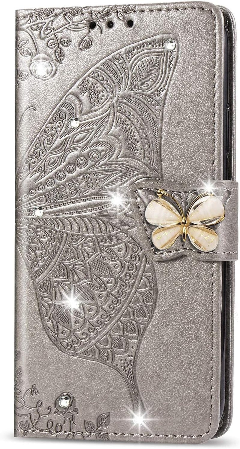 ZYZX LG G8 Thinq Wallet Case,3D Butterfly Flower LG G8 Thinq PU Leather Flip Phone Shell, with Credit Cards Slot and Stand Shockproof Magnetic Protective Cover-Hzd  ZYZX Rhinestone Gray  