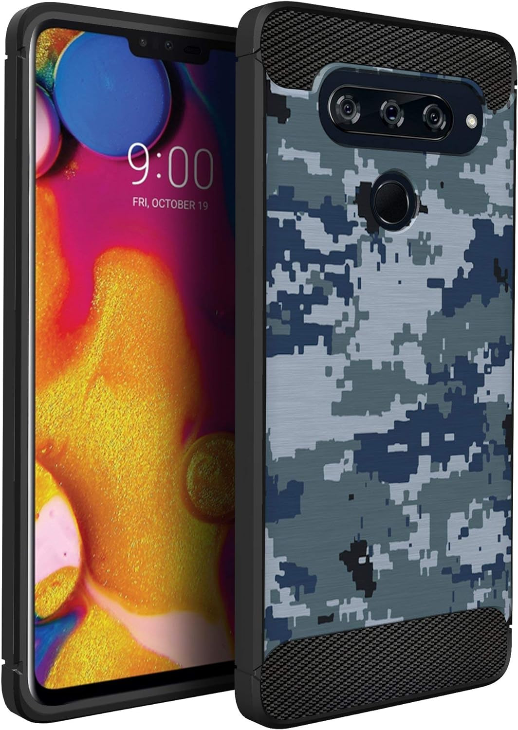 Casesondeck Fitted Case Compatible with [LG V40 Thinq] Carbon Fiber Accents Bump and Drop Protecting Flexible TPU (Blue Digital Camo)  CasesonDeck   