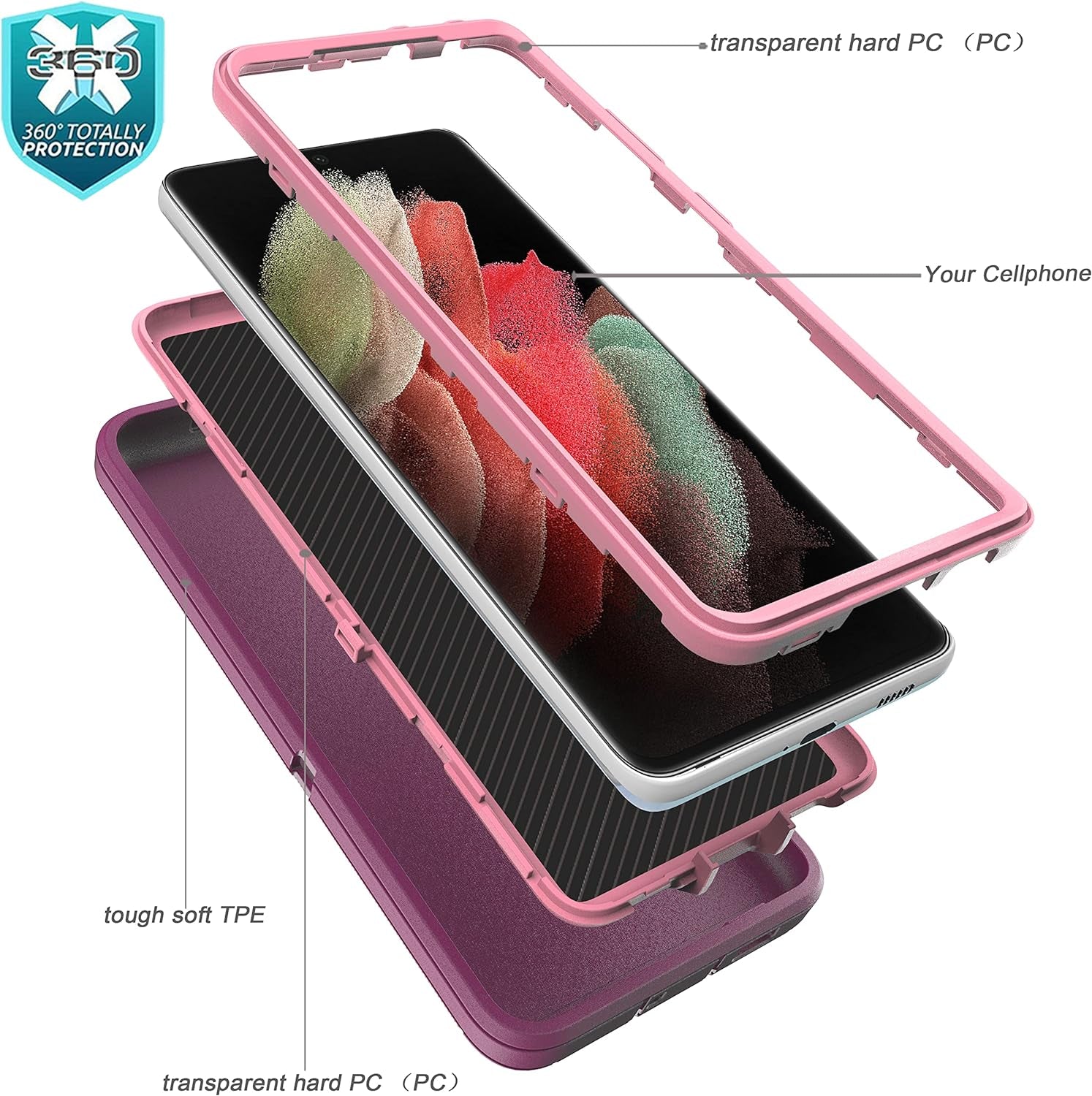 Ymhxcy Galaxy S21 Ultra Case with Self Healing Flexible TPU Film[2 Pack] and Camera Lens Screen Protective Film[2 Pack], Heavy Protection Cover for Samsung Galaxy S21 Ultra-Wine Red and Rose Pink  YmhxcY   