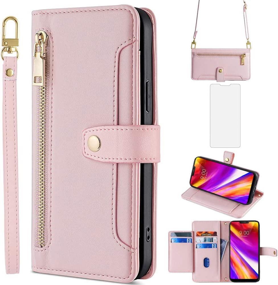 Asuwish Phone Case for LG G7 Thinq Wallet Cover and Tempered Glass Screen Protector Leather Card Holder Zipper Stand LGG7 One G 7 plus LG7 Fit Lg7Thinq 7G Thin Q G7+ G7Thinq Lgg7Thinq Women Men Black  Asuwish Rose Gold  