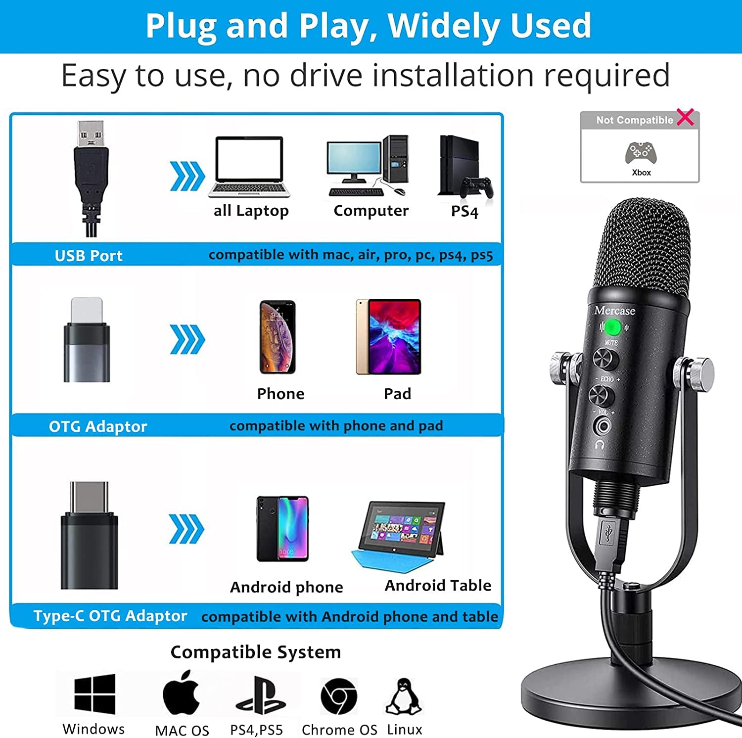 Mercase USB Microphone for Mac,Pc,Phone Mic for Sing,Asmr,Podcast with Mute Button,Noise Cancelling,Headphone Output and Volume Control,Mic Gain Control for Vocal,Youtube Podcast on Mac and Windows  Mercase   