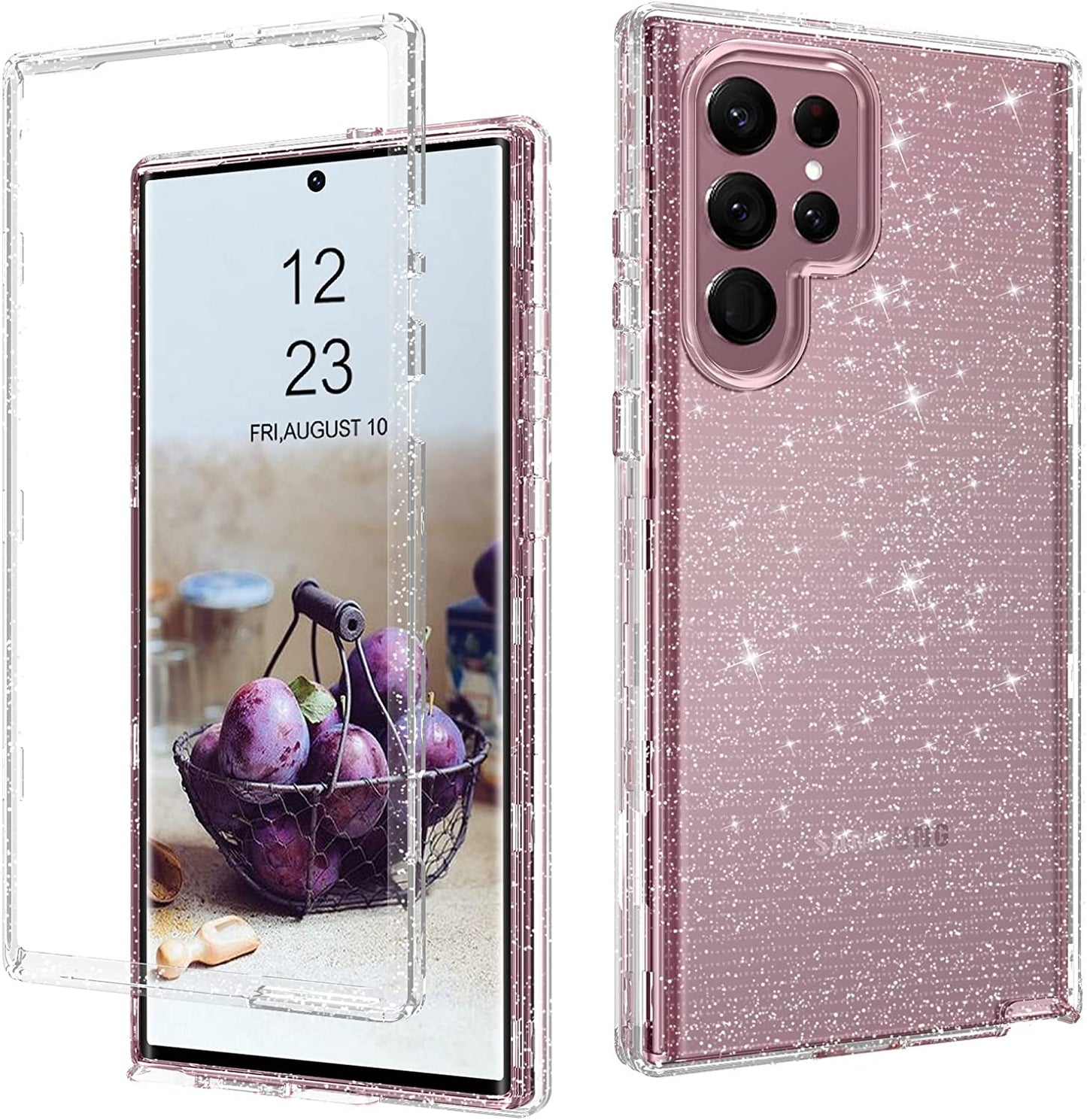 DUEDUE for Samsung Galaxy S22 Ultra 6.8" 5G Case Glitter Full Body Protective 3 in 1 Heavy Duty Hybrid Hard PC Rugged Shockproof Women Transparent Bling Sparkle Cover for Samsung S22 Ultra, Pink Clear  DUEDUE 11976-Clear  