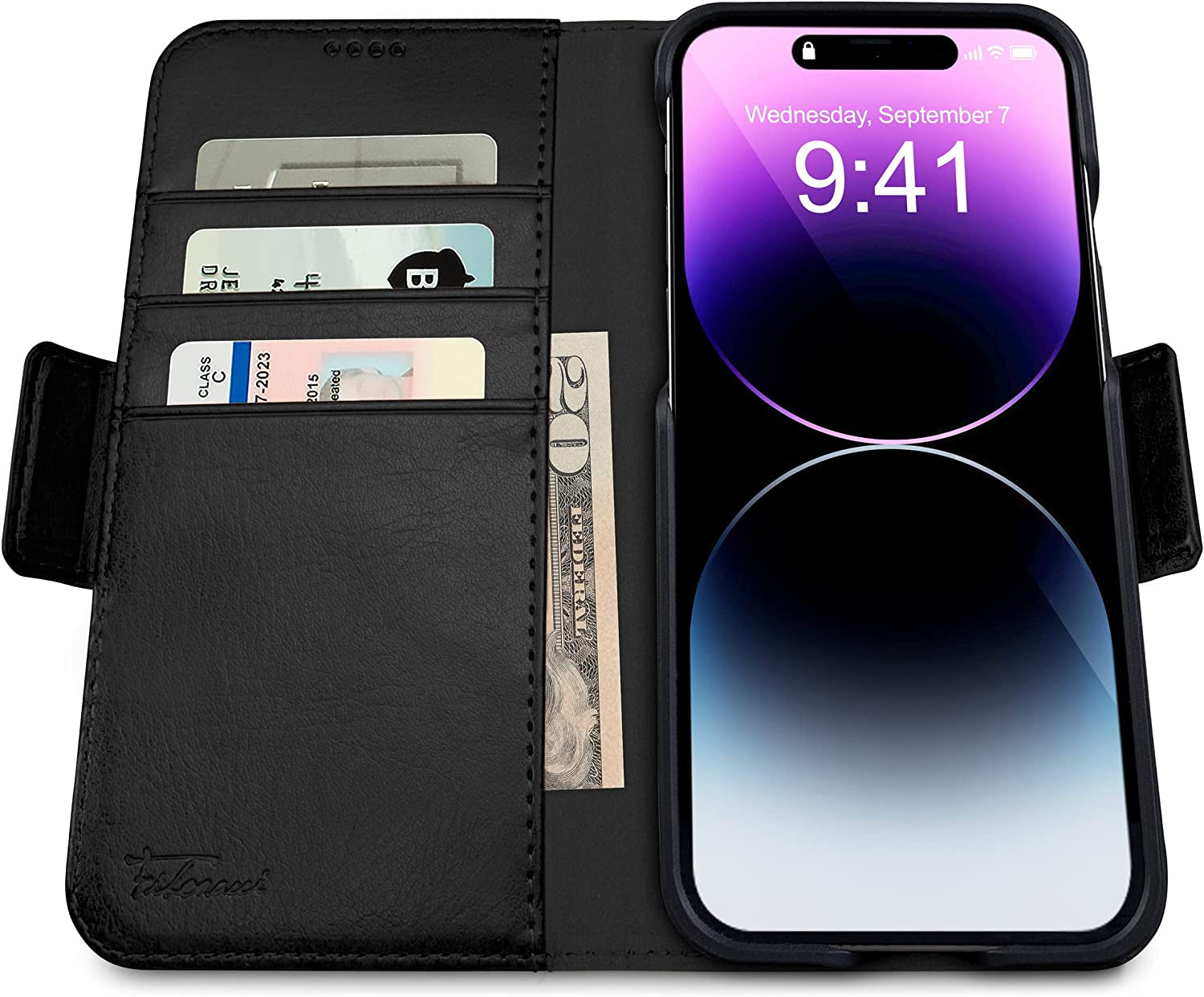 Dreem Fibonacci 2-In-1 Wallet Case for Apple Iphone 14 plus - Luxury Vegan Leather, Magnetic Detachable Shockproof Phone Case, RFID Card Protection, Magsafe Compatible - Black  dreem   
