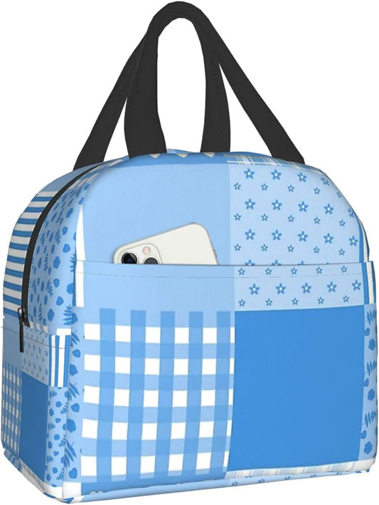 Fashion Blue and White Patchwork Lunch Box Insulated Cooler Lunch Tote Bag Travel Picnic Durable Shopping Reusable Waterproof Bags for Women  carati   