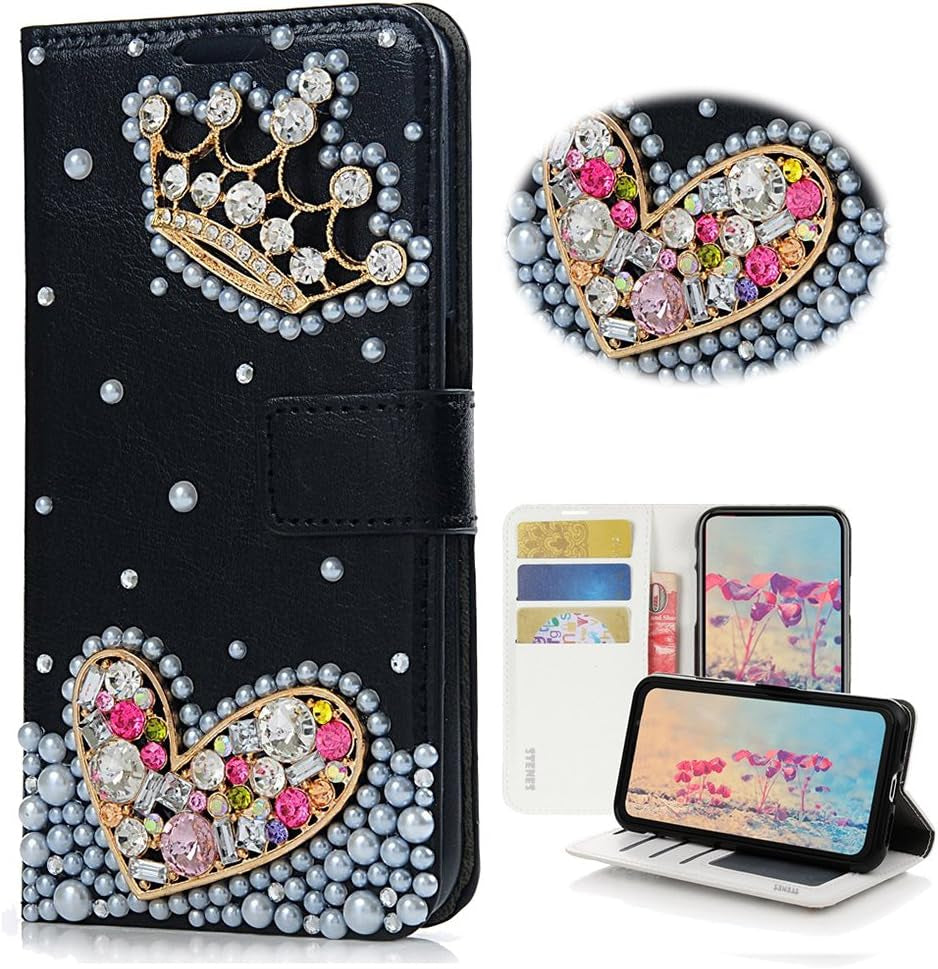 STENES LG G6 Case, LG G6 plus Case - STYLISH - 3D Handmade Bling Crystal Fairy Design Wallet Credit Card Slots Fold Stand Leather Cover Case for LG G6/LG G6 plus - Black  STENES Crown Heart / Black  