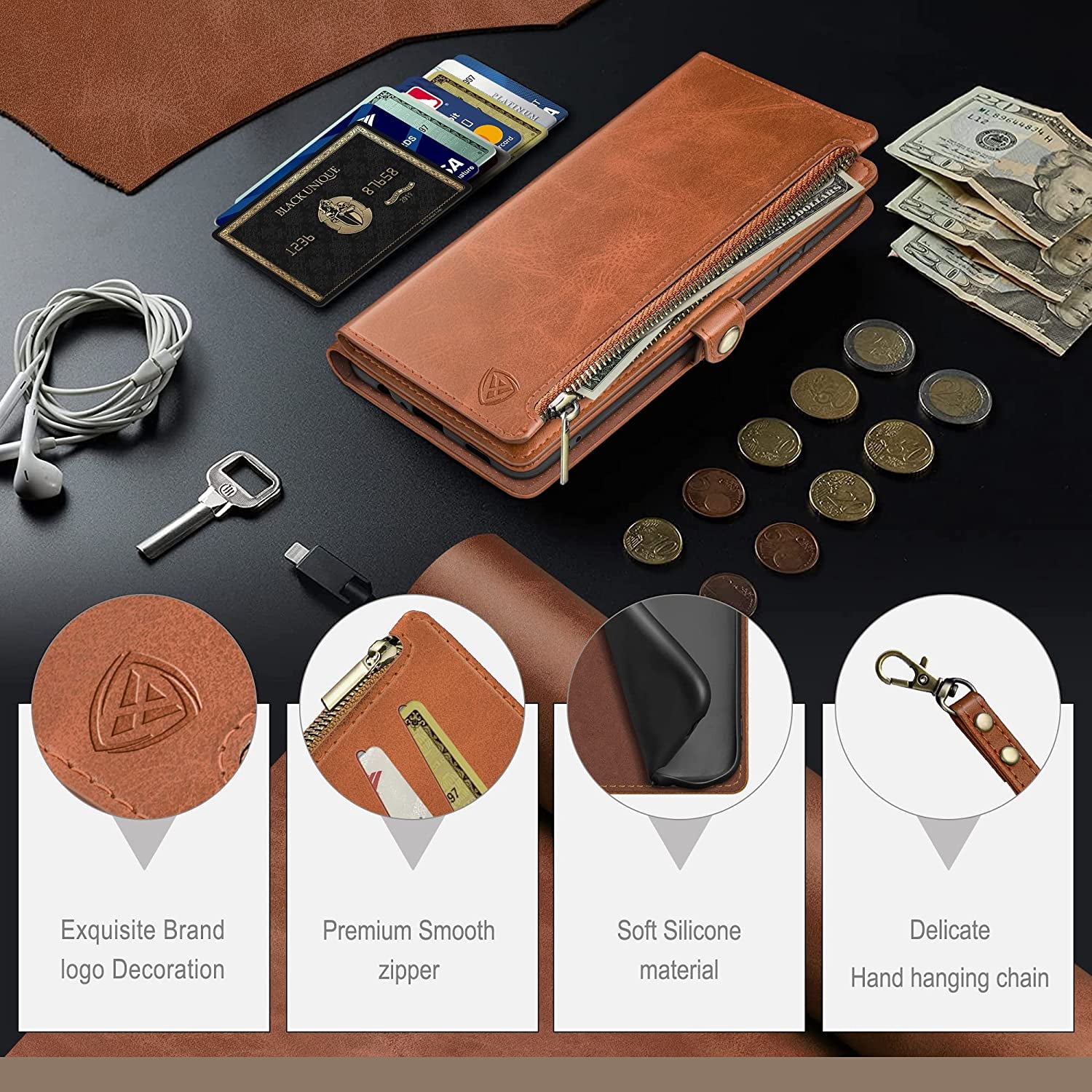 Xcasebar for Samsung Galaxy S21 plus Wallet Case with Zipper 【RFID Blocking】 Credit Card Holder, Flip Folio Book PU Leather Phone Case Shockproof Cover Women Men for S21 plus Case Light Coffee  XcaseBar   