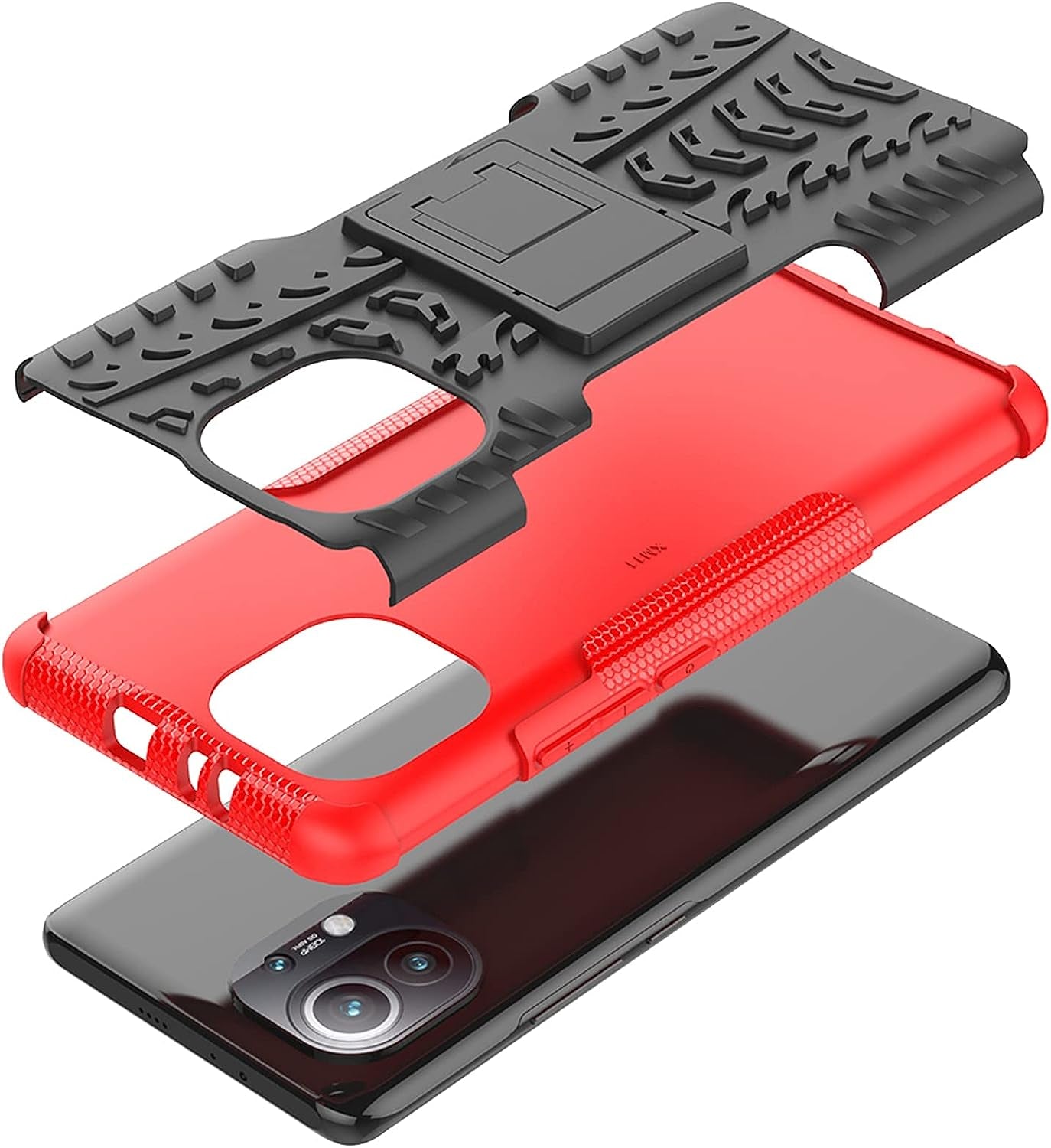 Phone Case for Xiaomi Mi 11 5G with Tempered Glass Screen Protector Cover and Stand Kickstand Slim Hard Rugged Hybrid Protective Cell Accessories Mi11 G5 Cases Men Boys Women Girls Kids Black Red  Asuwish   