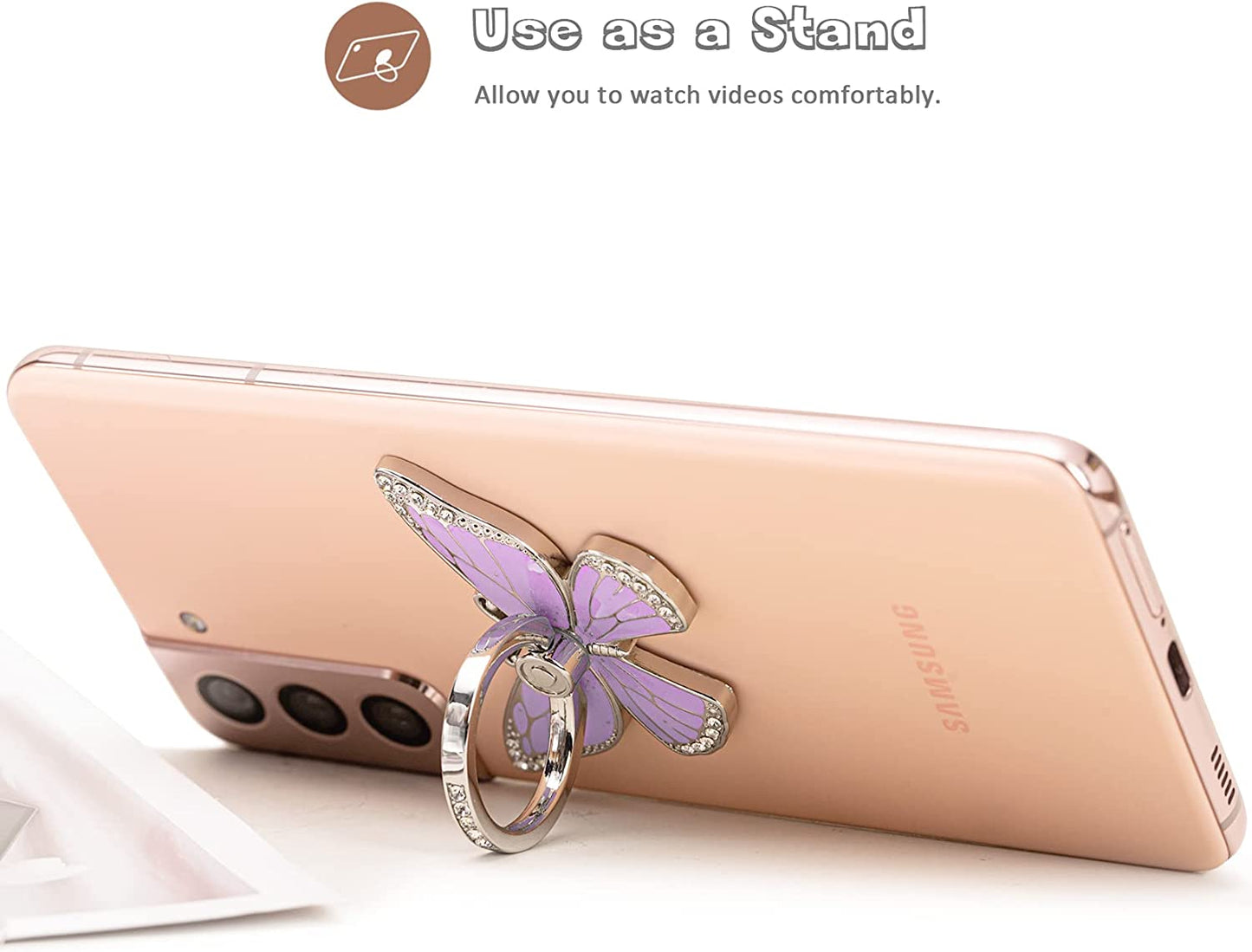 Butterfly Cell Phone Ring Holder Stand, 360°Rotation Metal Finger Kickstand, Compatible with Iphone, Samsung Galaxy, and Smartphone (Silver Purple Clear)  Doflyesky   