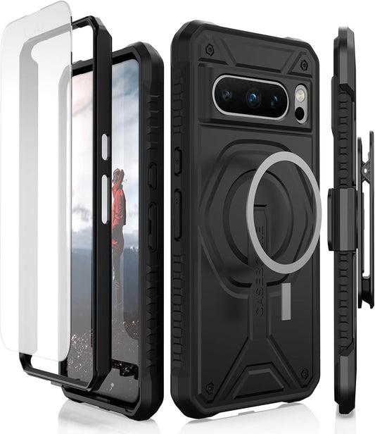 Caseborne Compatible with Google Pixel 8 Pro Protective Case - Compatible with Magsafe, Slim yet Rugged with Tempered Glass Screen Protector and Belt Clip Holster Black  Caseborne   