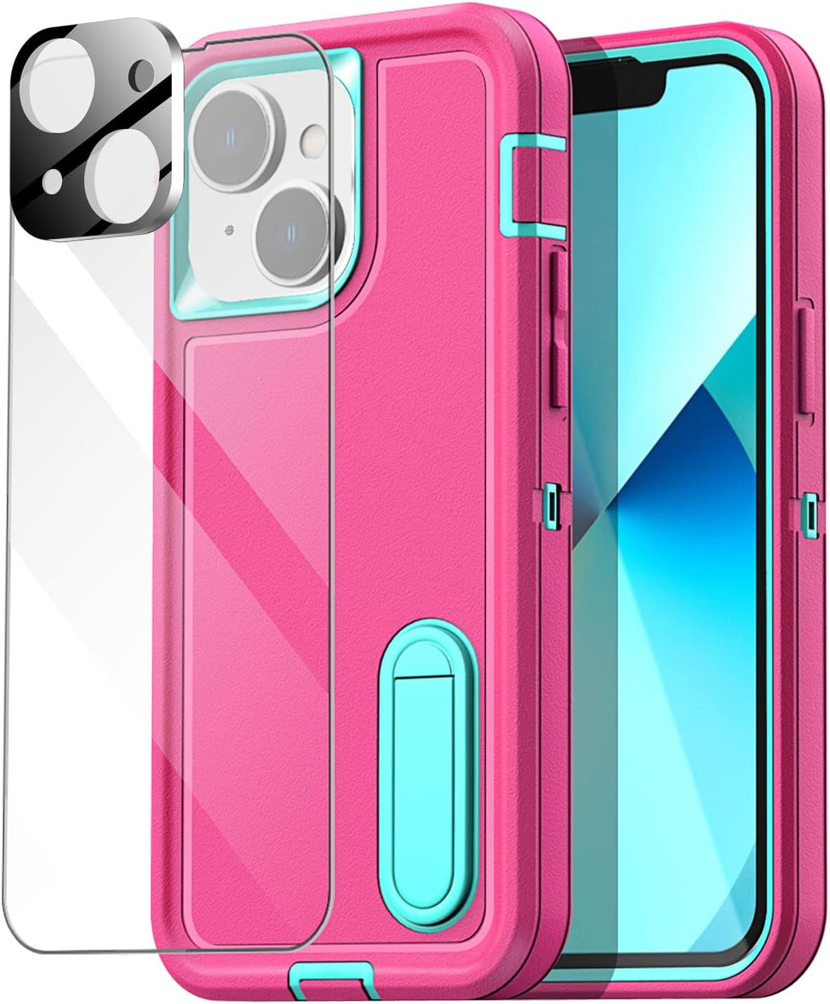 Aicase for Iphone 13 Case with Glass Screen Protector,Heavy Duty Drop Protection Full Body Rugged Shockproof Military Protective Tough Durable Cover for Iphone 13 6.1"_4  AICase Pink/Blue With Glass Protector+Camera Lens  
