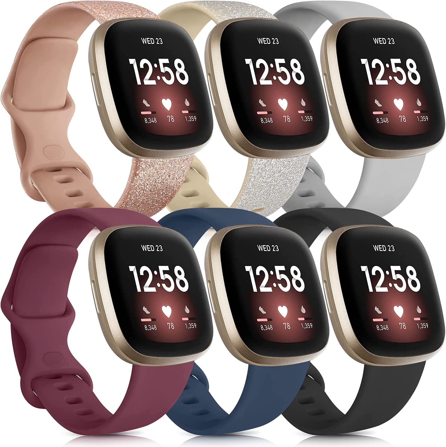 6 Pack Sport Bands Compatible with Fitbit Versa 3 Bands/Fitbit Sense Bands, Classic Soft Silicone Replacement Wristbands for Fitbit Versa 3 Smart Watch Women Men (Small, 6 Pack E)  Mugust   