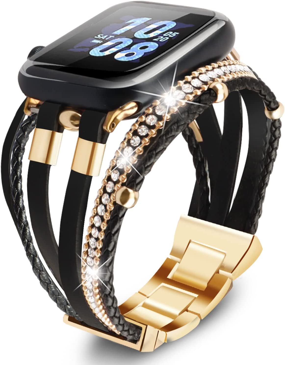 ACEDAX Bracelet Work with Apple Watch Band 44/45Mm, Boho Chic Leather Strap for Apple Watch Ultra Band 49Mm with Silver Metal Buckle,Multilayer Wrap Jewelry for Iwatch Series 8 7 6 SE 5 4 3 Gray Women  ACEDAX Black 38/40/41mm 