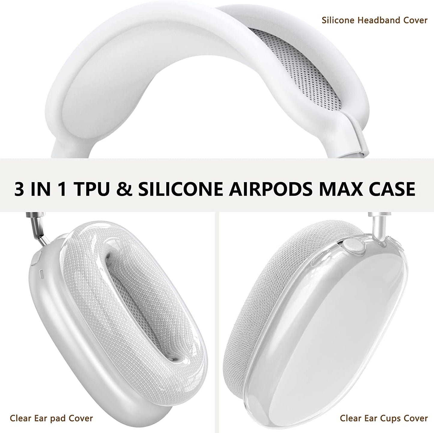 【3 in 1】Clear Soft TPU & Silicone Case for Airpod Max,Anti-Scratch Ear Cups Cover/Ear Pad Case Cover/Headband Cover for Airpods Max,Transparent Accessories Protective Cover for Apple Airpods Max,White  Skyconser   