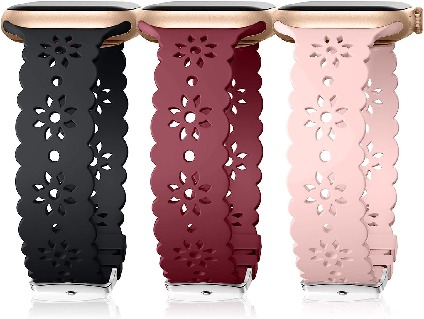 IMIVIO Hollow-Out Lace Slim Bands Compatible with Apple Watch 38Mm 40Mm 41Mm 42Mm 44Mm 45Mm 49Mm for Women Men, Hollow-Out Soft Replacement Strap for Iwatch Ultra Series 8 7 6 5 4 3 2 1 SE, 3 Pack  IMIVIO Black/Wine/Sand pink 38mm/40mm/41mm 