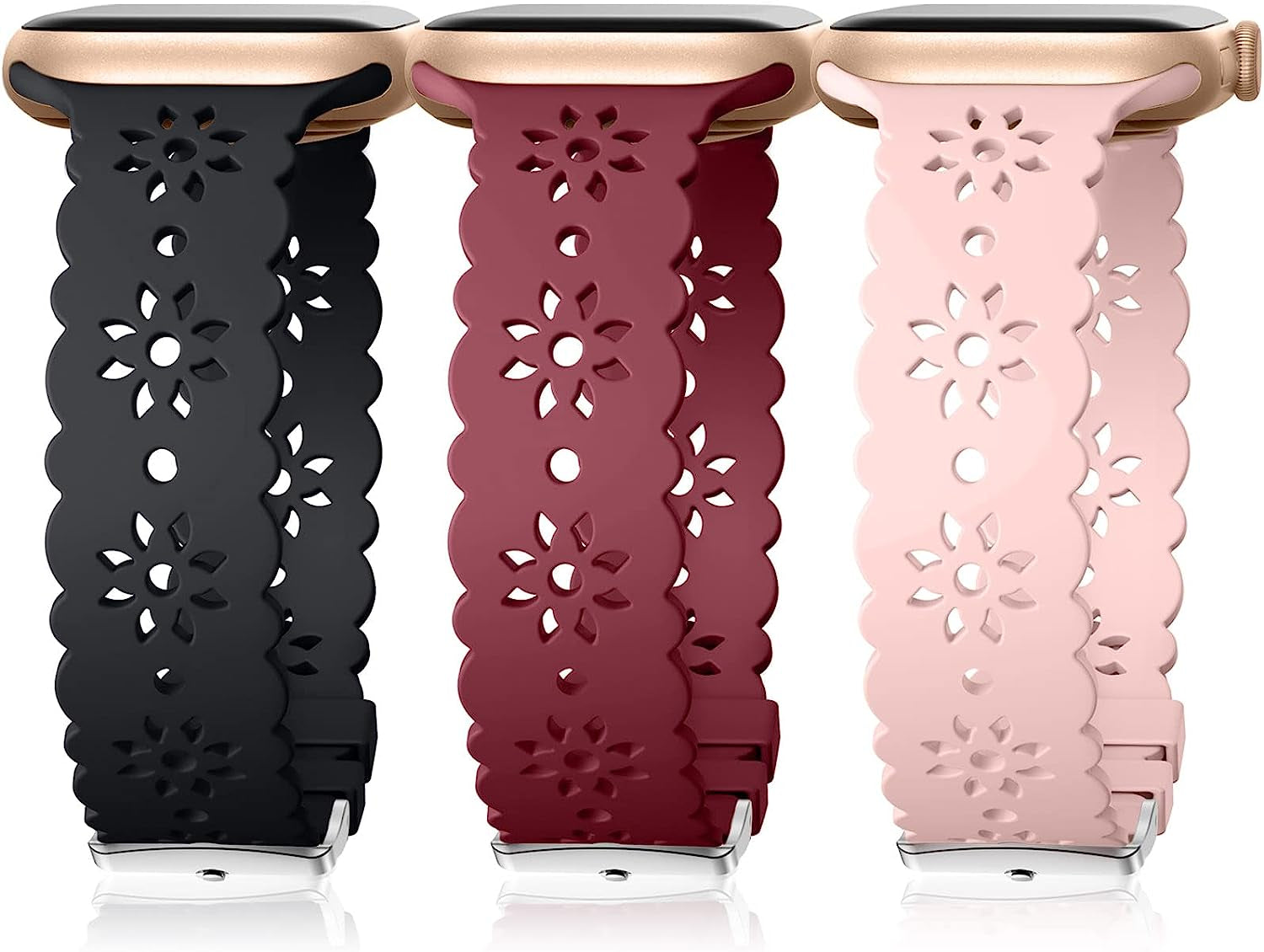 IMIVIO Hollow-Out Lace Slim Bands Compatible with Apple Watch 38Mm 40Mm 41Mm 42Mm 44Mm 45Mm 49Mm for Women Men, Hollow-Out Soft Replacement Strap for Iwatch Ultra Series 8 7 6 5 4 3 2 1 SE, 3 Pack  IMIVIO Black/Wine/Sand pink 38mm/40mm/41mm 