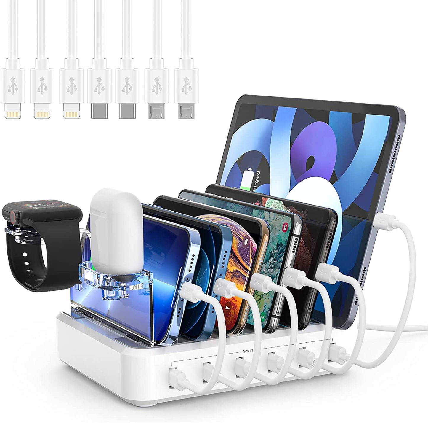 Charging Station for Multiple Devices,60W 12A 6 Port USB Charging Station Organizer with 7 Mixed Cables and Iwatch Charger Holder,Compatible with Cellphone,Tablet, Kindle, Iphone Ipad and More  Chongqing Huixian shangmao youxiangongsi   