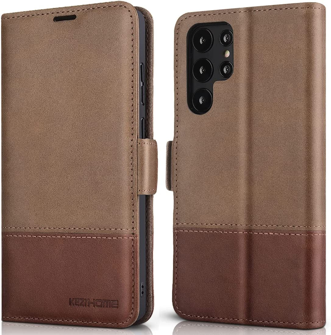 Kezihome Galaxy S22 Ultra Case, Genuine Leather [RFID Blocking] Samsung S22 Ultra 5G Wallet Case Card Slot Flip Magnetic Stand Phone Cover Compatible with Samsung Galaxy S22 Ultra (2022) (Gray/Brown)  Shenzhen Jiemeisi Tchnology Co.,LTD   