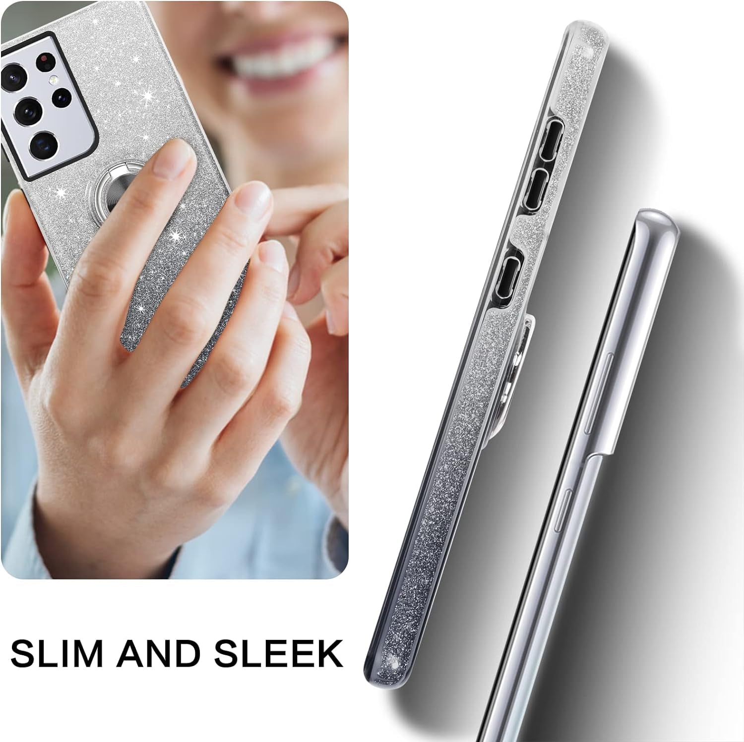 BENTOBEN Compatible with Samsung Galaxy S21 Ultra Case, Slim Fit Glitter Sparkly 360° Ring Holder Kickstand Magnetic Protective Girls Women Cover for Samsung Galaxy S21 Ultra 6.8“, Black  BENTOBEN   