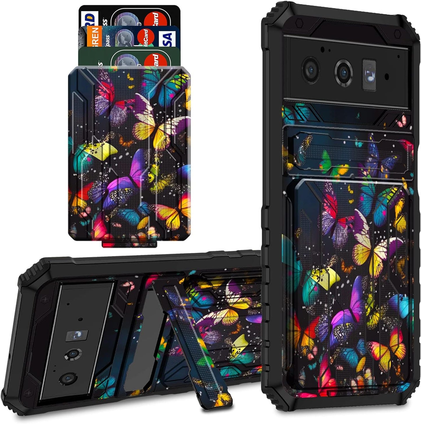 CGFGHHUY for Google Pixel 6 Pro Case for Pixel 6 Pro Wallet Case with Credit Card Holder & Kickstand Dual Layer Hard PC Soft TPU Protective Case for Google Pixel 6 Pro 6.7 Inch 2021 - Moth Moon Sun  CGFGHHUY Colorful Butterflies For Pixel 6 Pro 6.7 Inch 